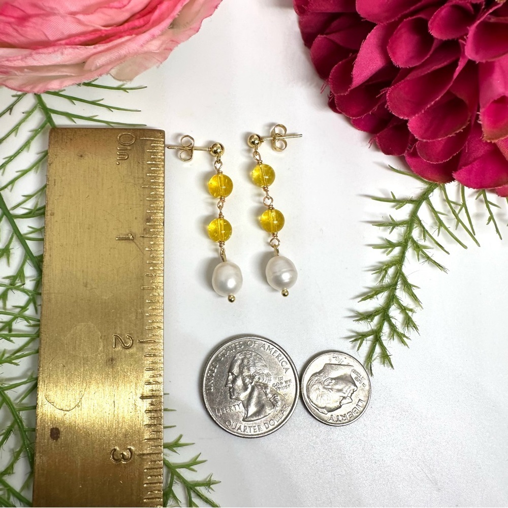 NEW⚜️Citrine & Freshwater Pearl Dangly Earrings - Picture 3 of 5